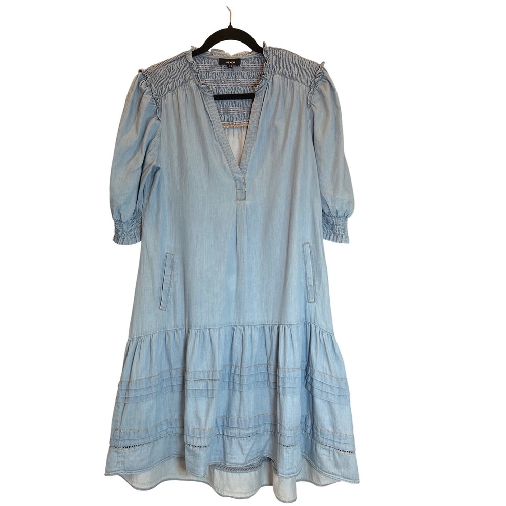 ME+EM Light Blue Denim Chambray Smocked Tiered Dress Boho Womens 6